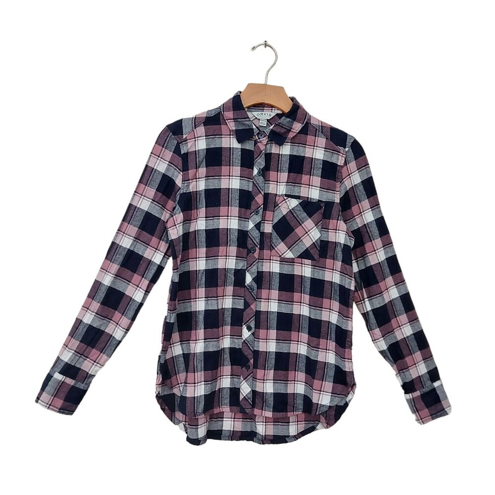 Orvis Flannel Shirt Womens XS Navy Pink Plaid Button Up Long Sleeve Soft Preppy